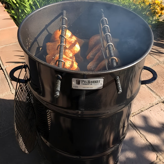 Pit Barrel Smoker & Cooker | Top view with meat attached to the hanging hooks